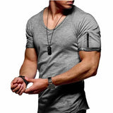 Men's fitness cotton V-neck t-shirt. short-sleeved with a zipper opening.