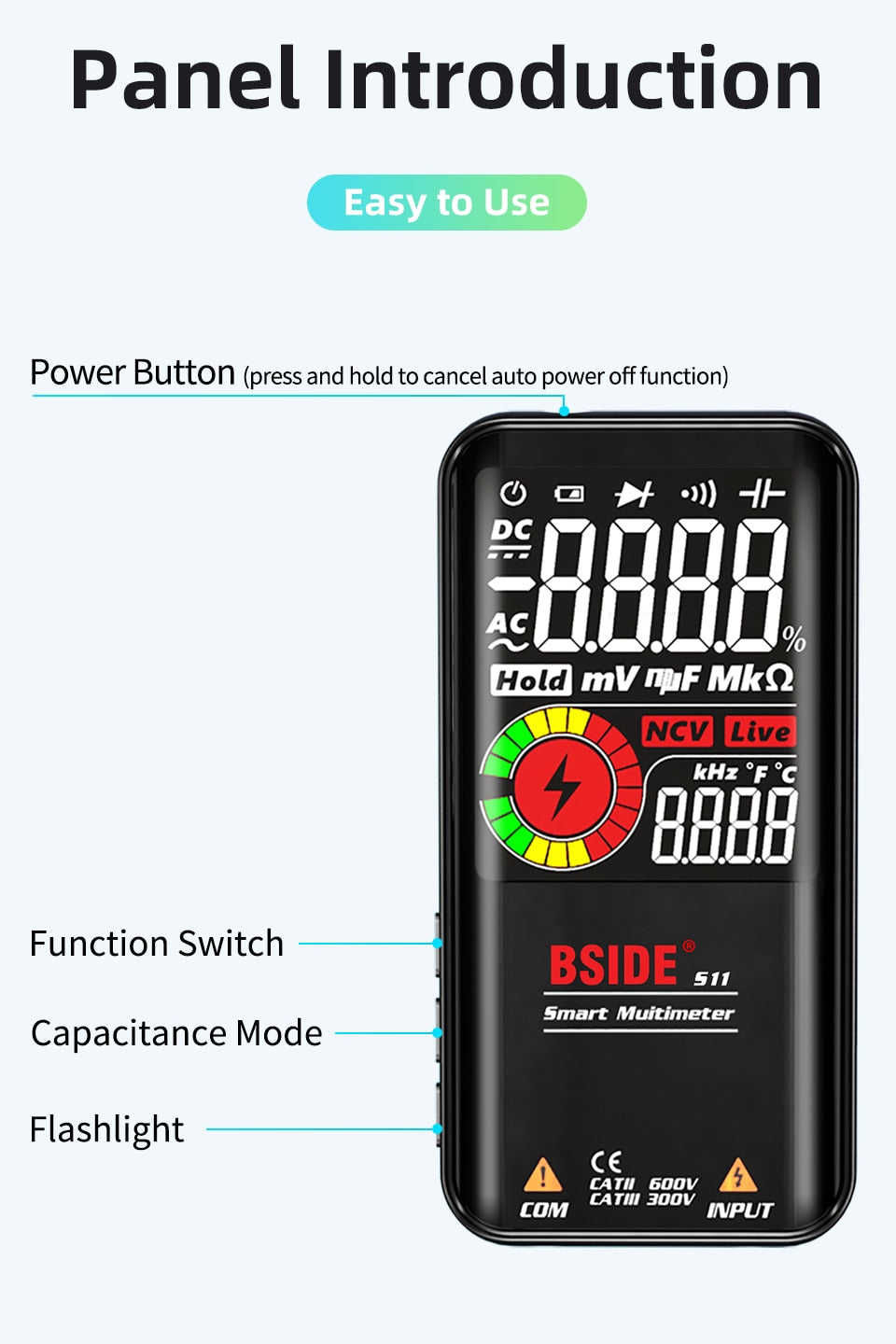 BSIDE Digital Multimeter S10 S11 S20 Smart DC AC Voltage Capacitor Ohm Diode NCV Hz EMF Tester Detector meter