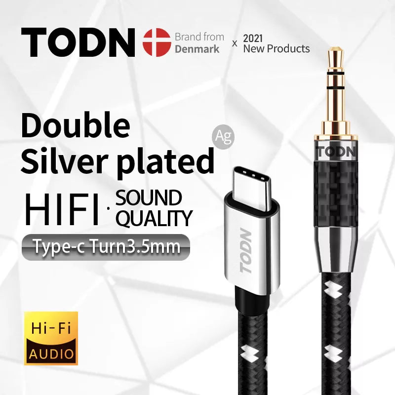 TODN type C to 3.5 mm jack aux audio USB cable silver 32bits/384khz Suitable for car xiaomi, earphones, speaker