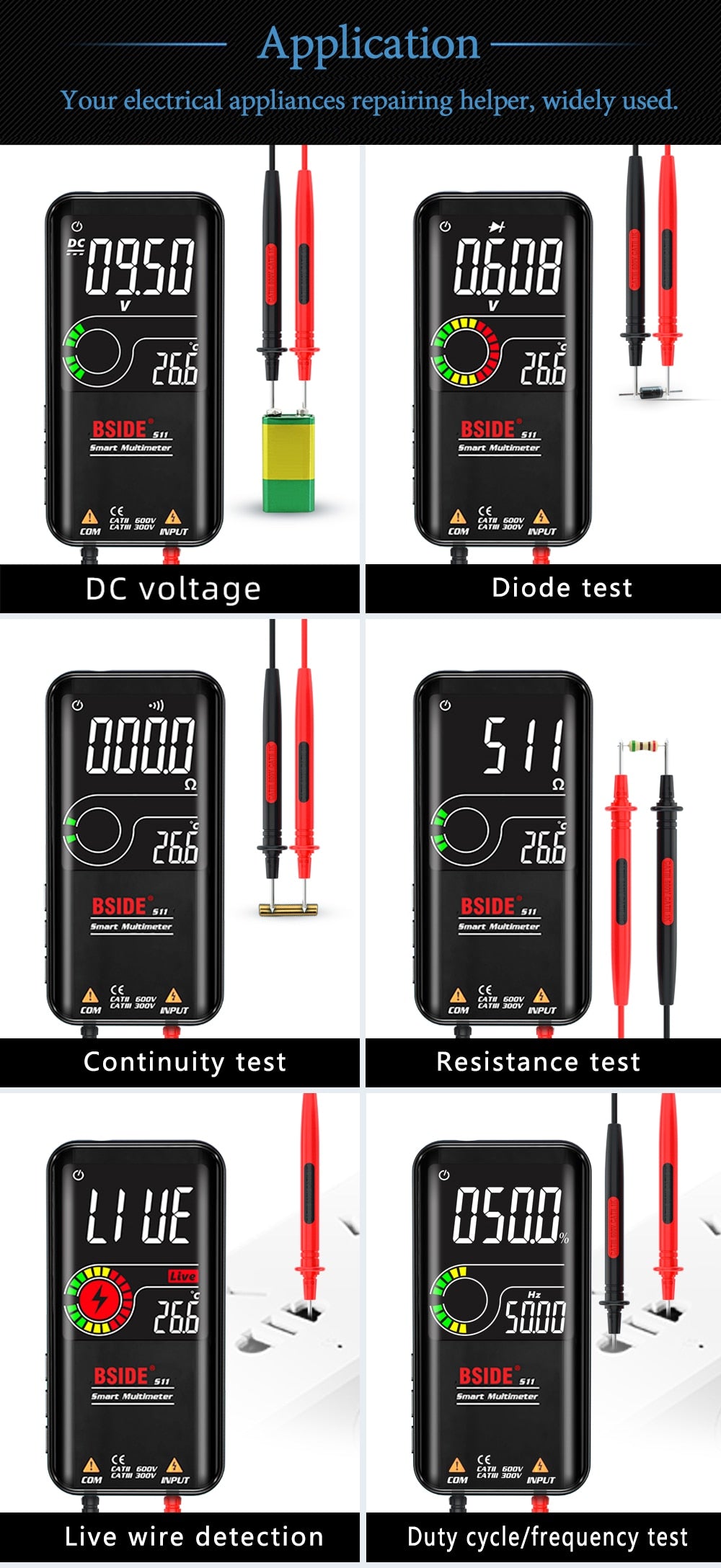 BSIDE Digital Multimeter S10 S11 S20 Smart DC AC Voltage Capacitor Ohm Diode NCV Hz EMF Tester Detector meter