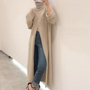 Women Designer Long Sleeve, Turtleneck/Split Loose Knitted Maxi Dress Sweater.