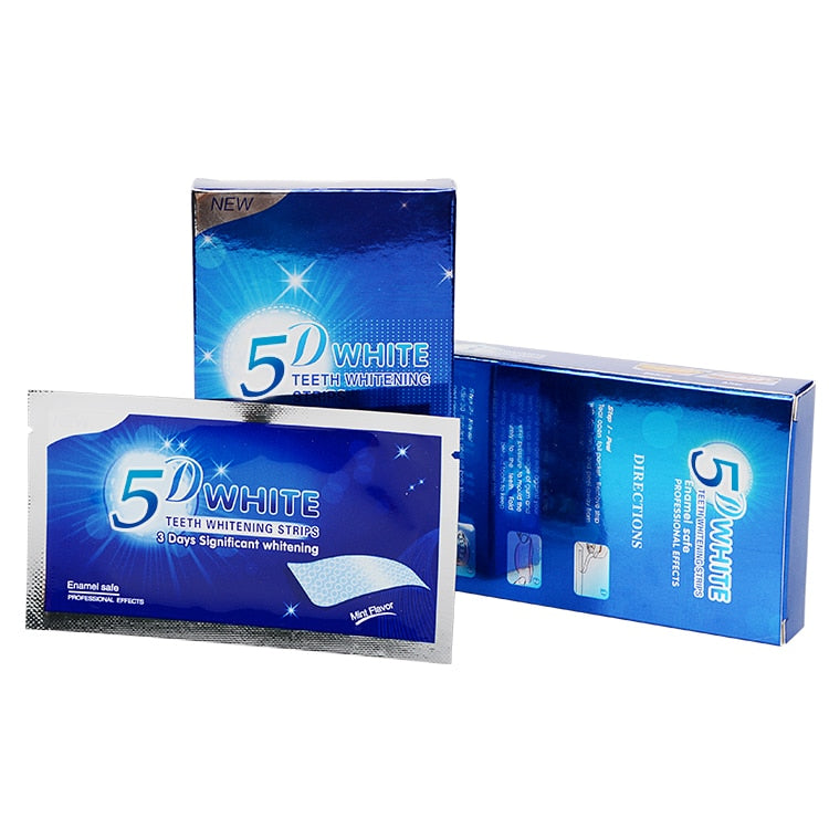 M`J 5D Gel Teeth Whitening Strips dental kit.
