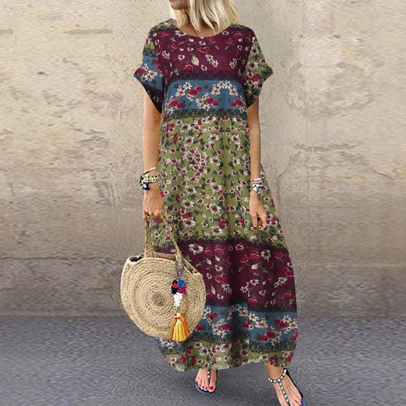 Women's ZANZEA Summer Bohemian Long, Short Sleeve Floral Print Sundress.