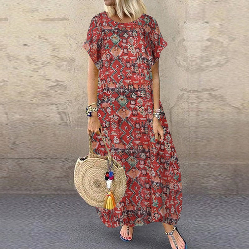 Women's ZANZEA Summer Bohemian Long, Short Sleeve Floral Print Sundress.