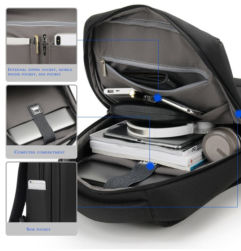 Unisex Oxford USB charging, anti theft laptop backpack.  Can be used for school and travel.