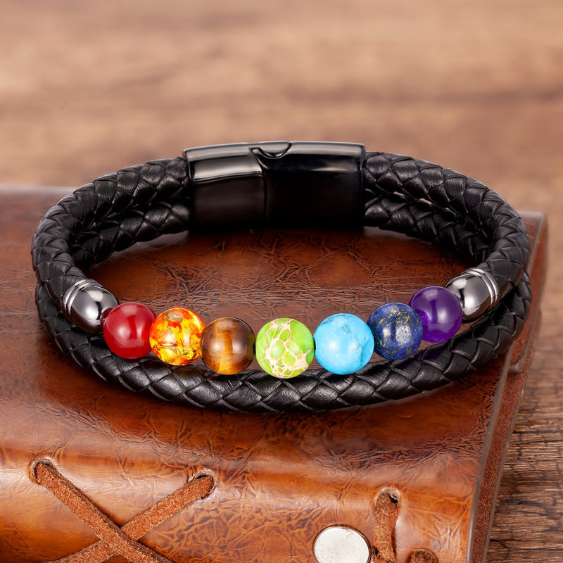 Genuine Black Leather Chakra Men's Bracelet  With 7 Color Natural Yoga Healing Beads.