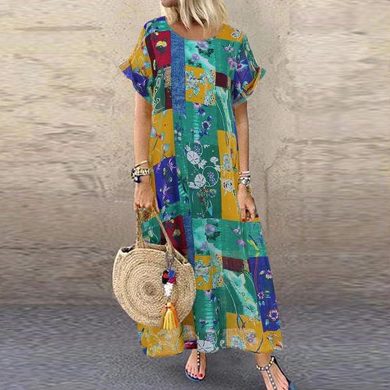 Women's ZANZEA Summer Bohemian Long, Short Sleeve Floral Print Sundress.