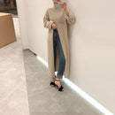 Women Designer Long Sleeve, Turtleneck/Split Loose Knitted Maxi Dress Sweater.