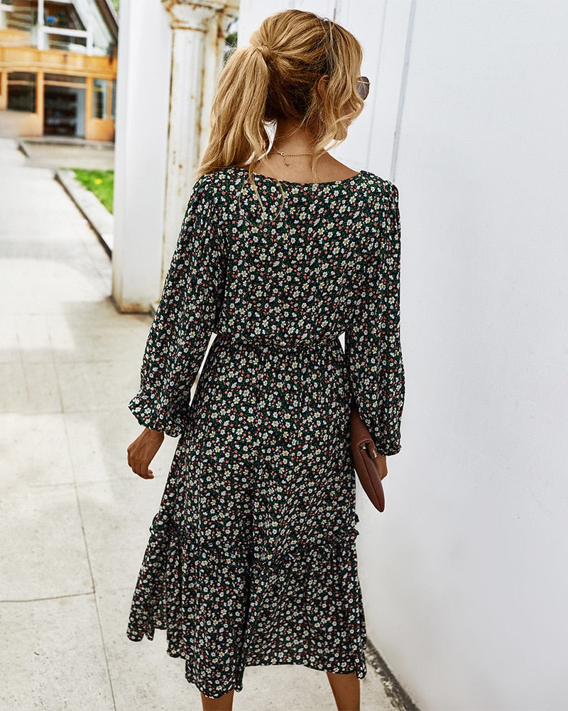 Elegant Ladies Long Sleeve Flower patterned Dress.