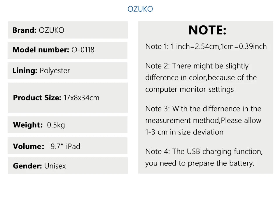 OZUKO Multifunction Waterproof Anti-theft Crossbody Bag for Men And Women