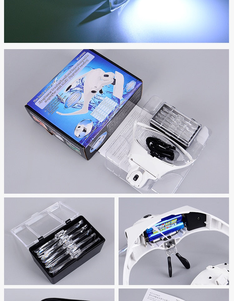 LED Magnifying Eyeglasses With Adjustable Headband And 5 Lenses .0X 1.5X 2.0X 2.5X 3.0X.