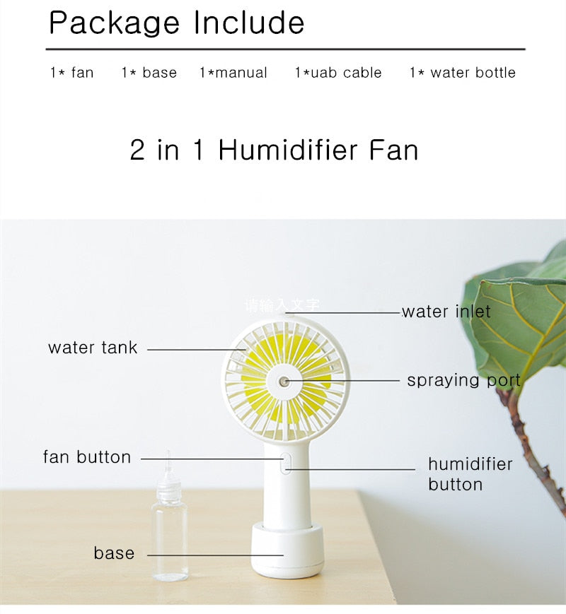 USB Rechargeable Handheld Mini cooling fan with water spray mist.