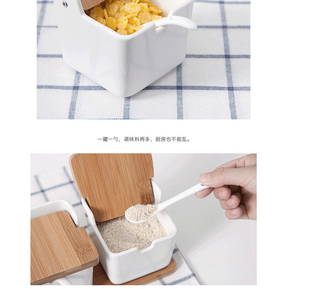 Ceramic Seasoning Porcelain Box With Spoon and Bamboo Cover.