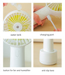 USB Rechargeable Handheld Mini cooling fan with water spray mist.