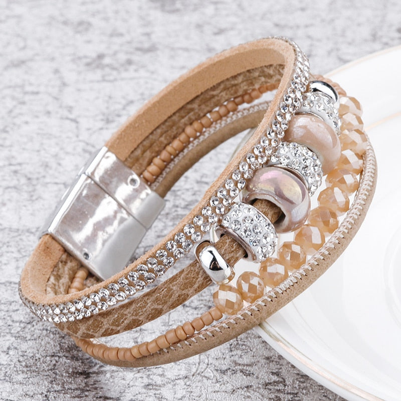 Amorcome Multilayer Leather Bracelets With Ceramic Beads And Magnetic Clasp.