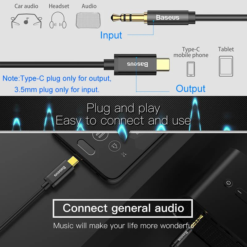 Baseus USB Type C Male Aux Audio Cable to 3.5mm Jack For Headphone Headset