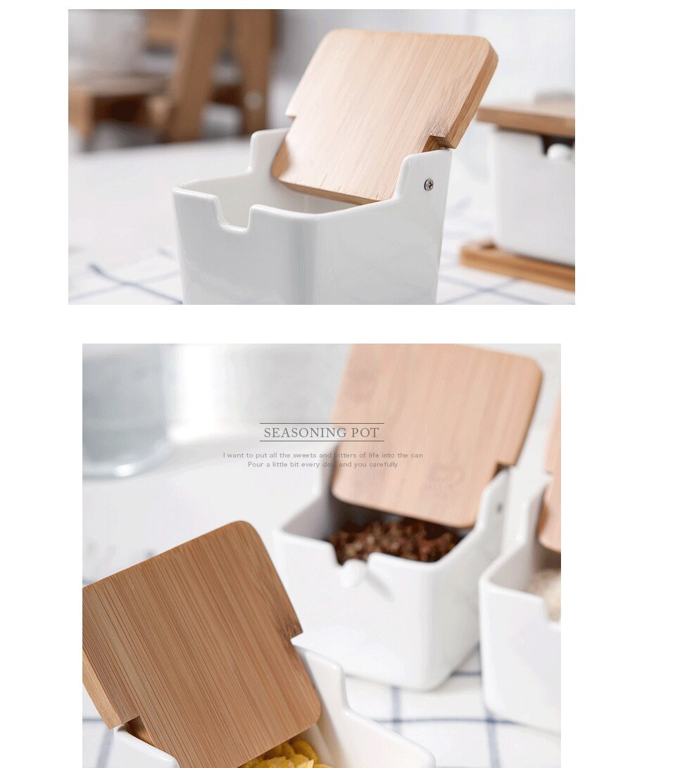 Ceramic Seasoning Porcelain Box With Spoon and Bamboo Cover.