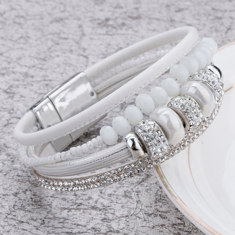 Amorcome Multilayer Leather Bracelets With Ceramic Beads And Magnetic Clasp.