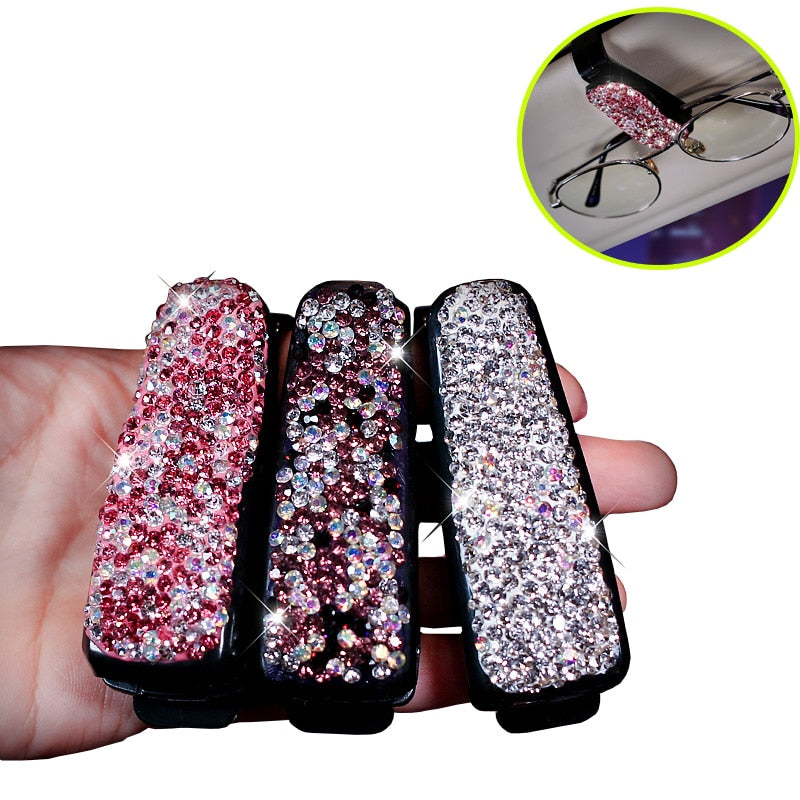 1X Car Vehicle Sun Visor Sunglasses Eyeglasses Glasses Holder ABS Clip Credit Card Package ID Storage Bag with Diamond Hand-Made