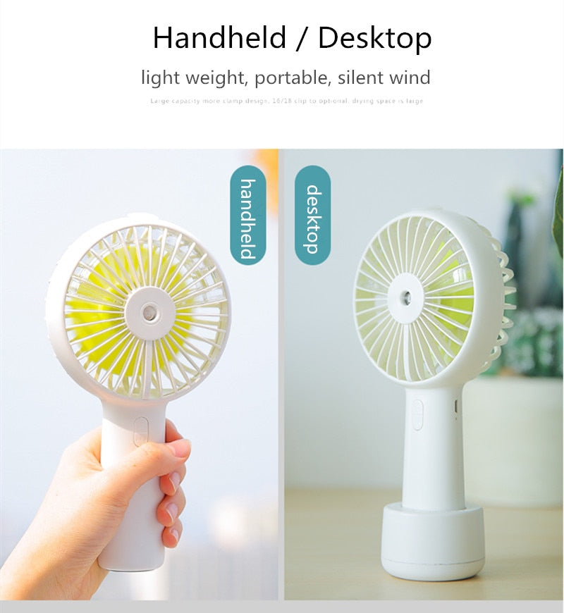 USB Rechargeable Handheld Mini cooling fan with water spray mist.