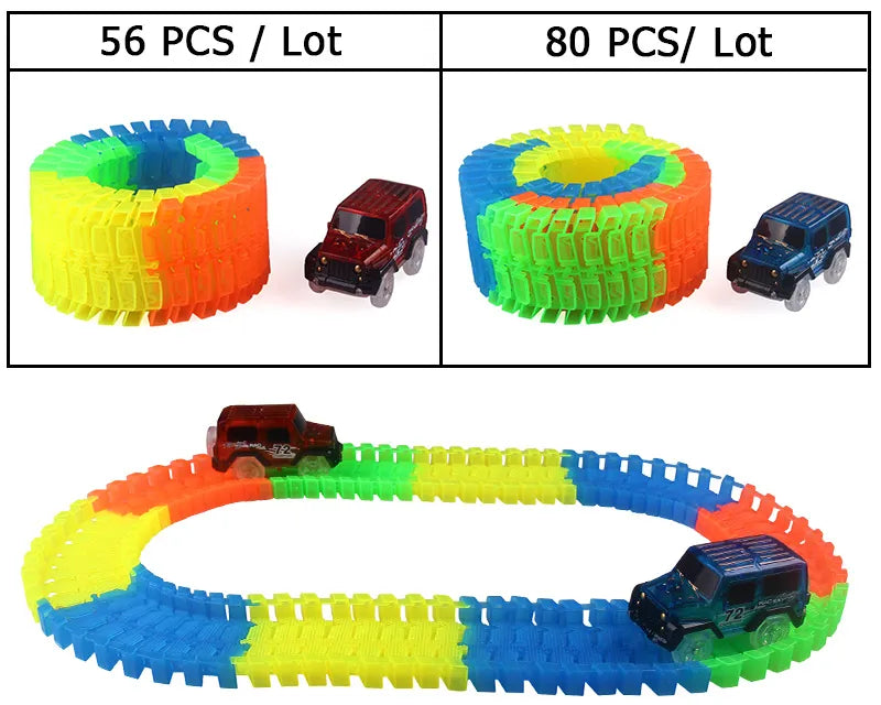 Flexible Glowing Race Track Set.  Amount Of Pieces And Number Of Cars Vary.