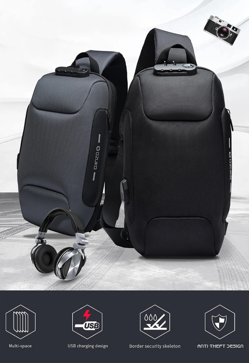 OZUKO Multifunction Waterproof Anti-theft Crossbody Bag for Men And Women