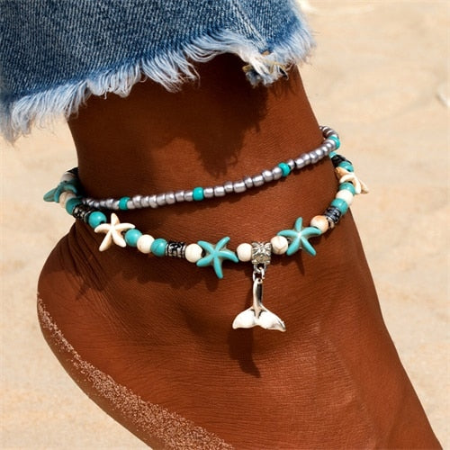 IPARAM Bobo Retro Bohemia Round Rune Starfish Anklet Pull Bead Bracelet.