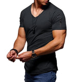 Men's fitness cotton V-neck t-shirt. short-sleeved with a zipper opening.