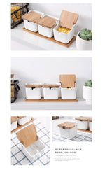 Ceramic Seasoning Porcelain Box With Spoon and Bamboo Cover.