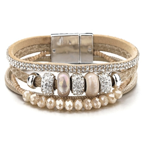 Amorcome Multilayer Leather Bracelets With Ceramic Beads And Magnetic Clasp.