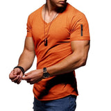 Men's fitness cotton V-neck t-shirt. short-sleeved with a zipper opening.