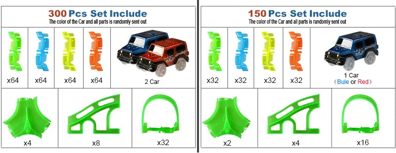 Flexible Glowing Race Track Set.  Amount Of Pieces And Number Of Cars Vary.