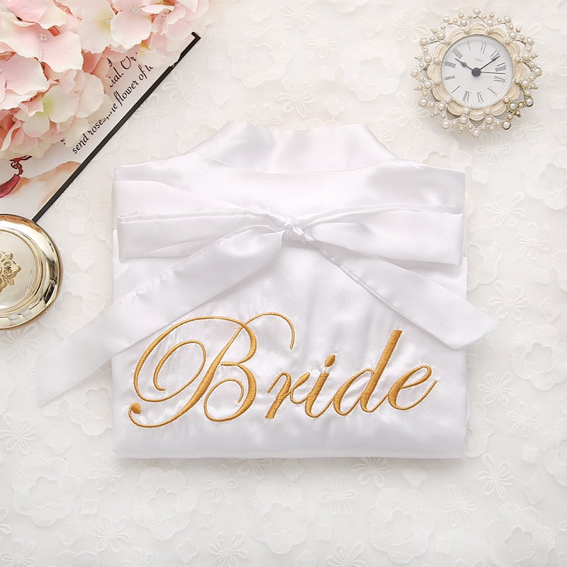 Short satin embroidered Bride and Bridesmaid bathrobe.
