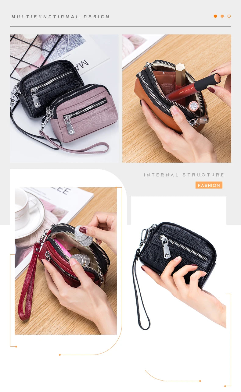 Women's Genuine Leather  Double Zipper Purse