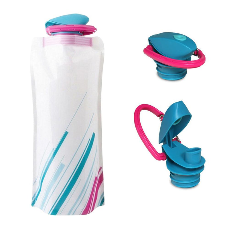 Foldable/Squeezable Water Bottle with fastener to keep it rolled up.  Great for Cycling, Outdoor Hiking.