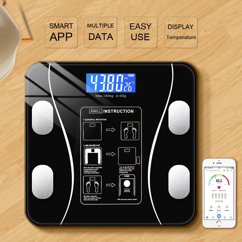 Digital Bathroom Weight Scale Body Composition Analyzer With Smartphone App Bluetooth