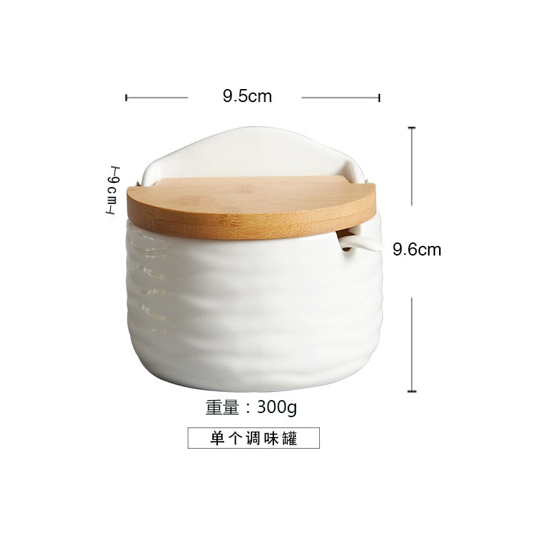 Ceramic Seasoning Porcelain Box With Spoon and Bamboo Cover.