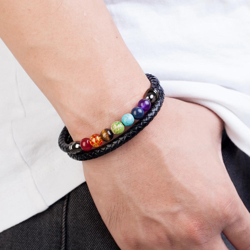 Genuine Black Leather Chakra Men's Bracelet  With 7 Color Natural Yoga Healing Beads.