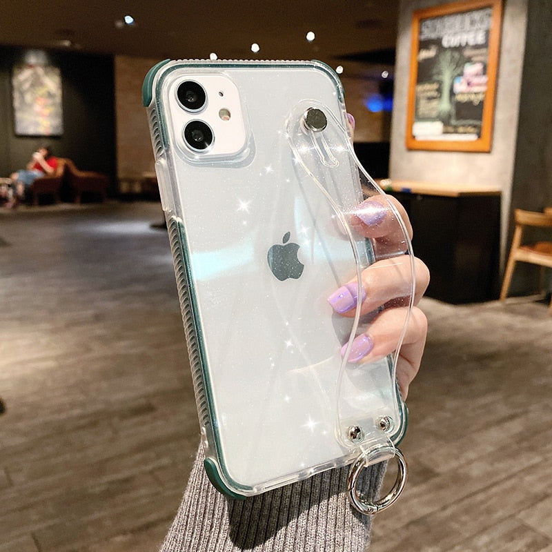 Glitter Powder Case For iPhone 12 13 11 X XR XS Max 7 8 Plus Transparent Soft TPU Wrist Strap & Shockproof Back.