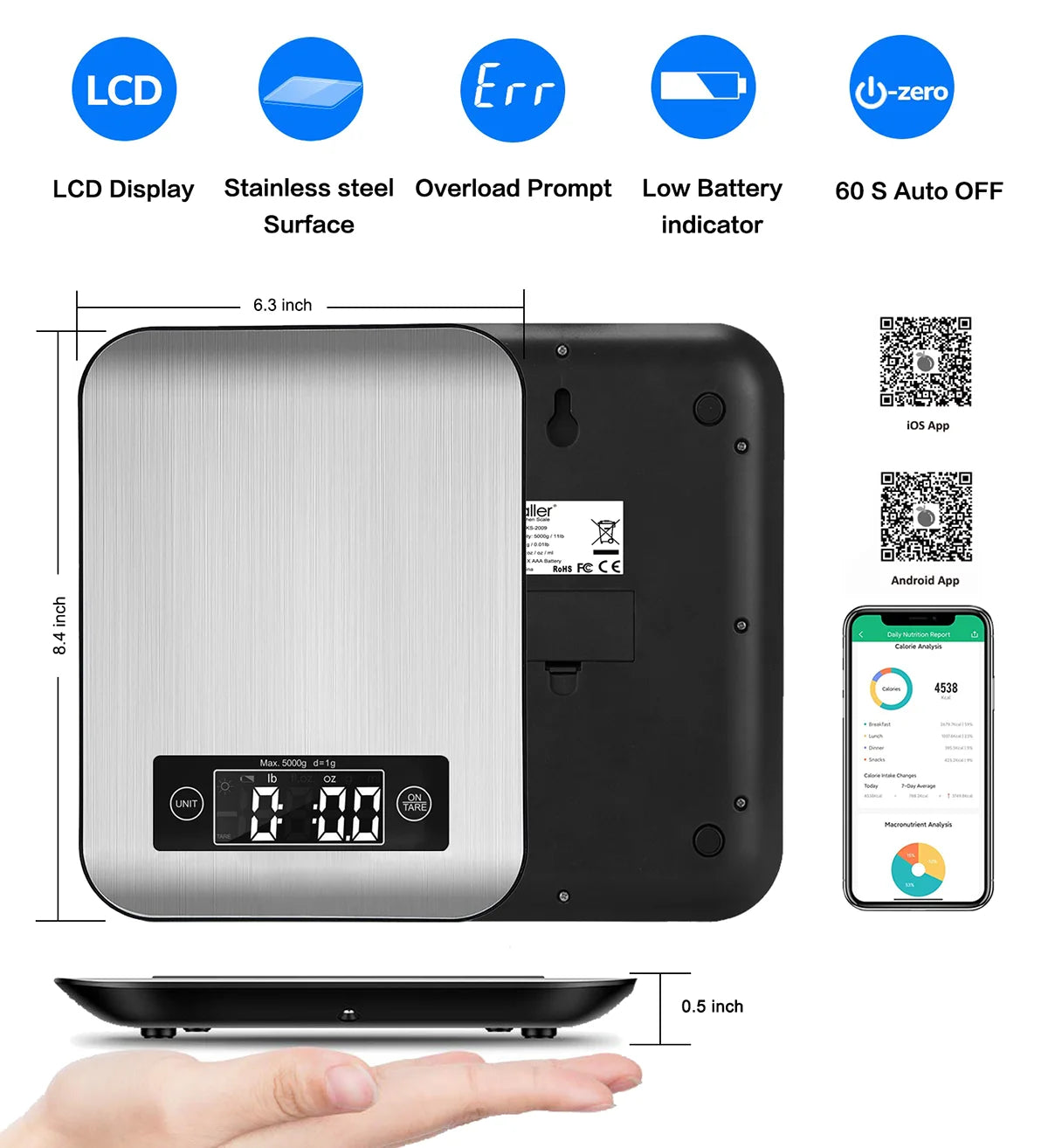 Ataller 5kg Stainless Steel Electronic Digital Bluetooth/Nutrition APP Food Scale