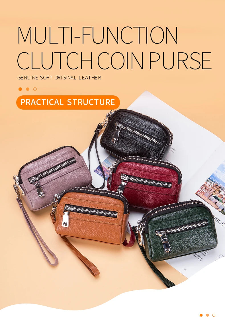 Women's Genuine Leather  Double Zipper Purse