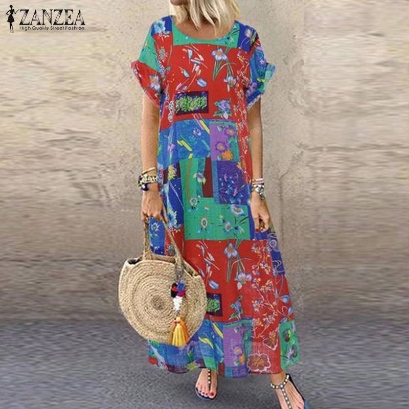 Women's ZANZEA Summer Bohemian Long, Short Sleeve Floral Print Sundress.