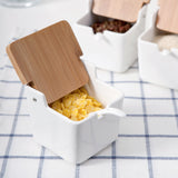 Ceramic Seasoning Porcelain Box With Spoon and Bamboo Cover.