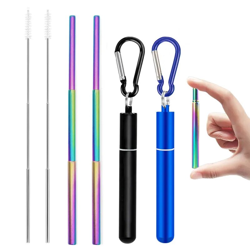 Reusable Stainless Steel Telescopic Straws With Cleaning Brush And Travel Case.