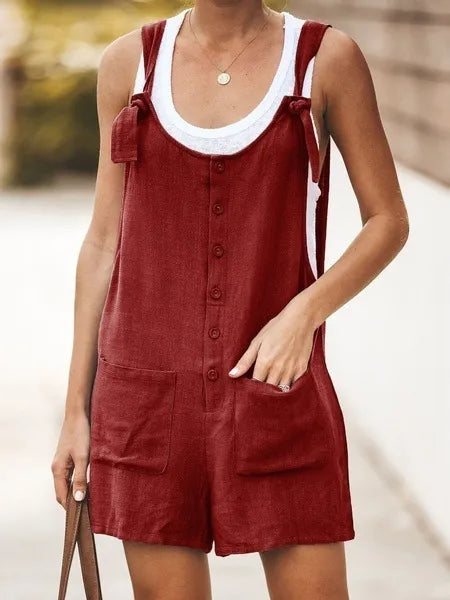Women's Sleeveless Cotton and linen Overall Romper With Wide Legs.  e