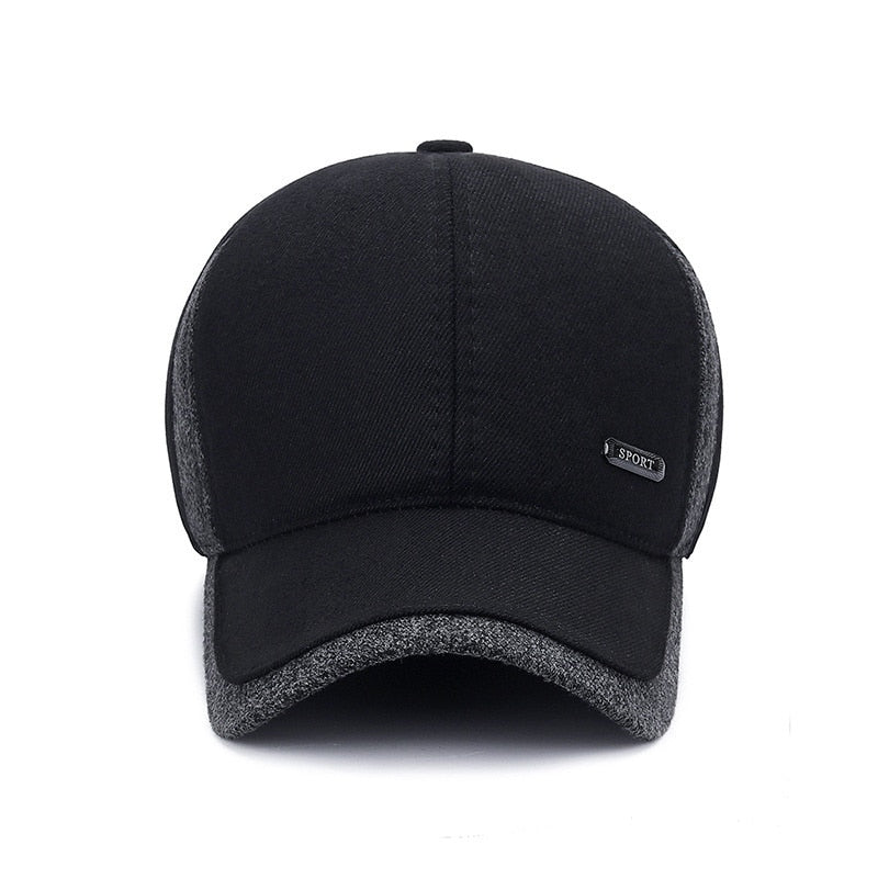 Winter Wool Baseball Cap with snapback Ear Flaps.