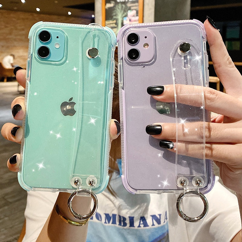 Glitter Powder Case For iPhone 12 13 11 X XR XS Max 7 8 Plus Transparent Soft TPU Wrist Strap & Shockproof Back.