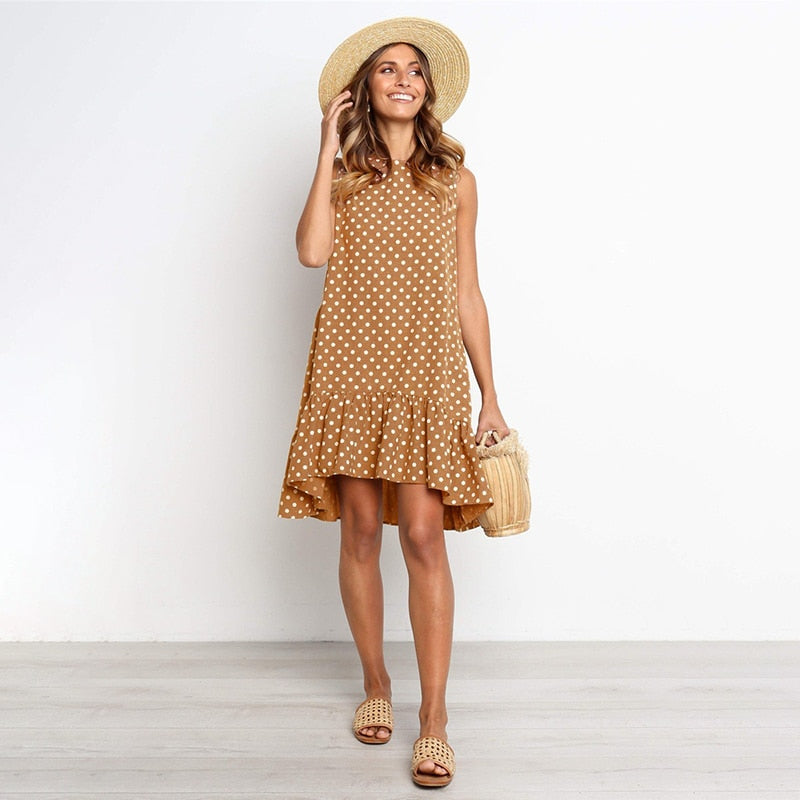 Lossky Women's Polka Dot Chiffon Sleeveless Beach Min Summer Dress.