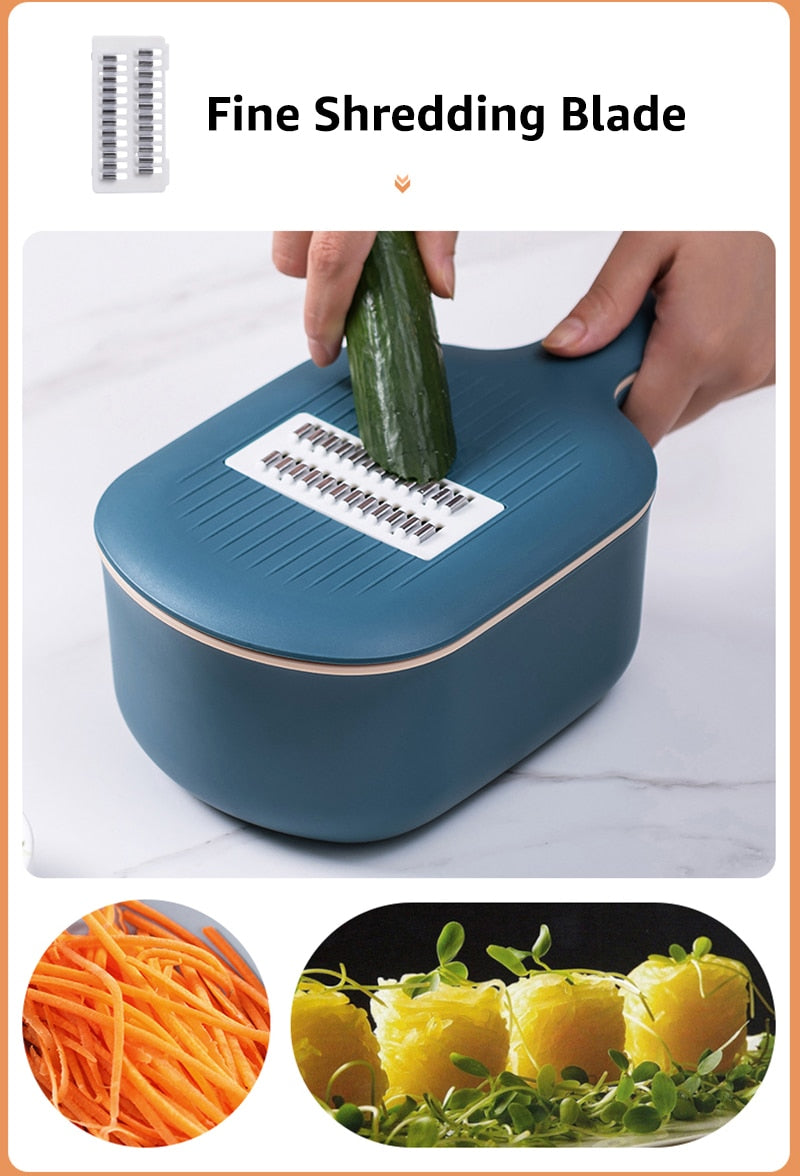 Multi-function Mandoline for Potato, Carrot, Cucumber. This fruit/vegetable tool lets you slice, cut, grate and can be used as a strainer.