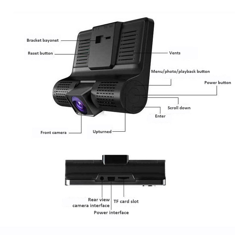 Car DVR 3 Cameras Full HD 1080P Dual Lens. 4.0 inch LCD Screen with 170 Degree Rear view.